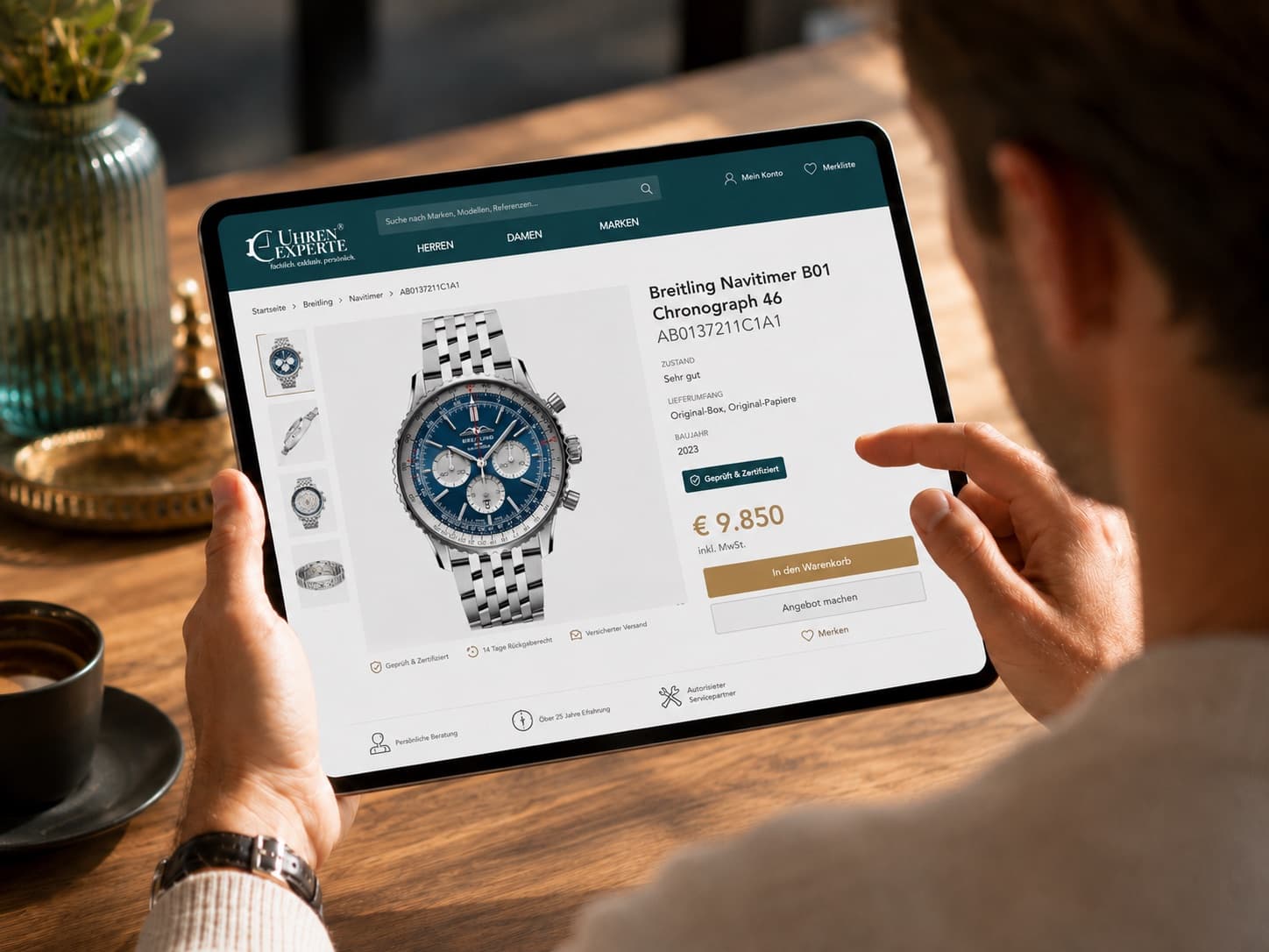 Uhrenexperte übergibt zertifizierte Uhr mit Echtheitszertifikat