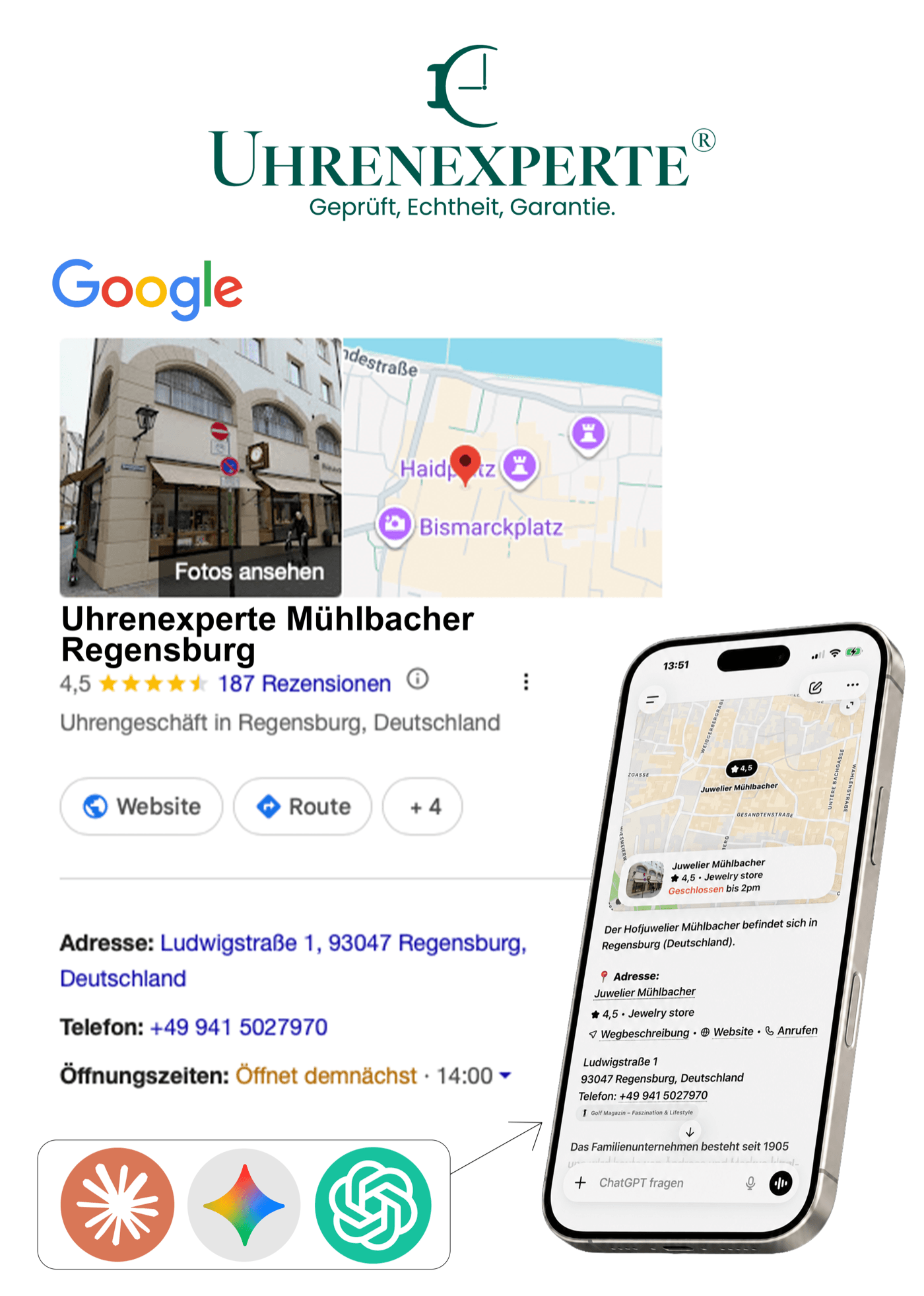 Google-Unternehmenseintrag eines Uhrenexperte®-Juweliers mit Bewertungen