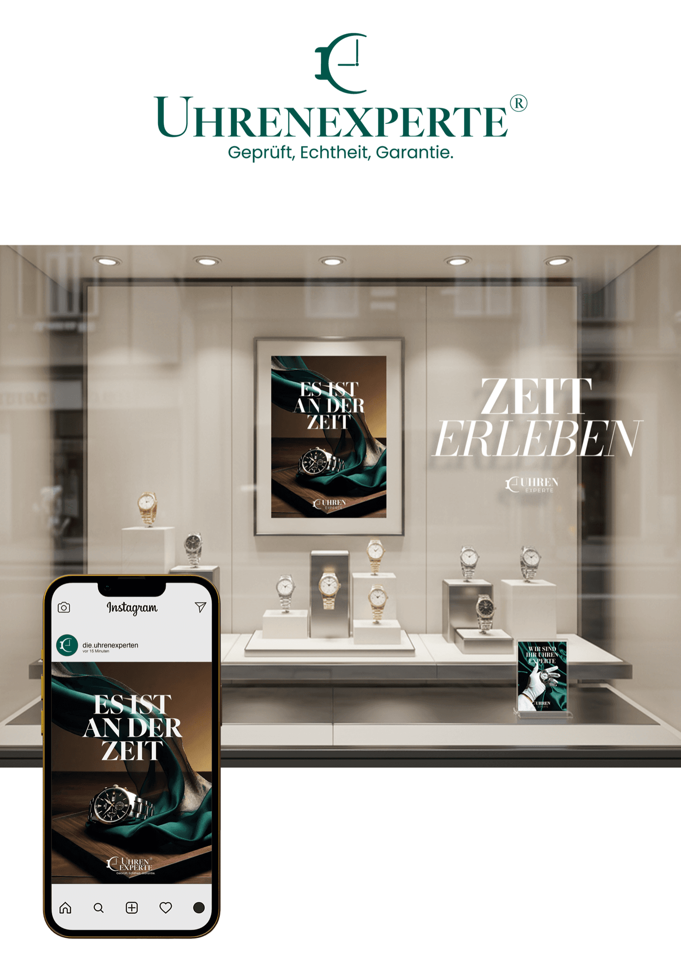 Uhrenexperte®-Marketingmaterialien: Schaufenster-Display und Instagram-Beitrag