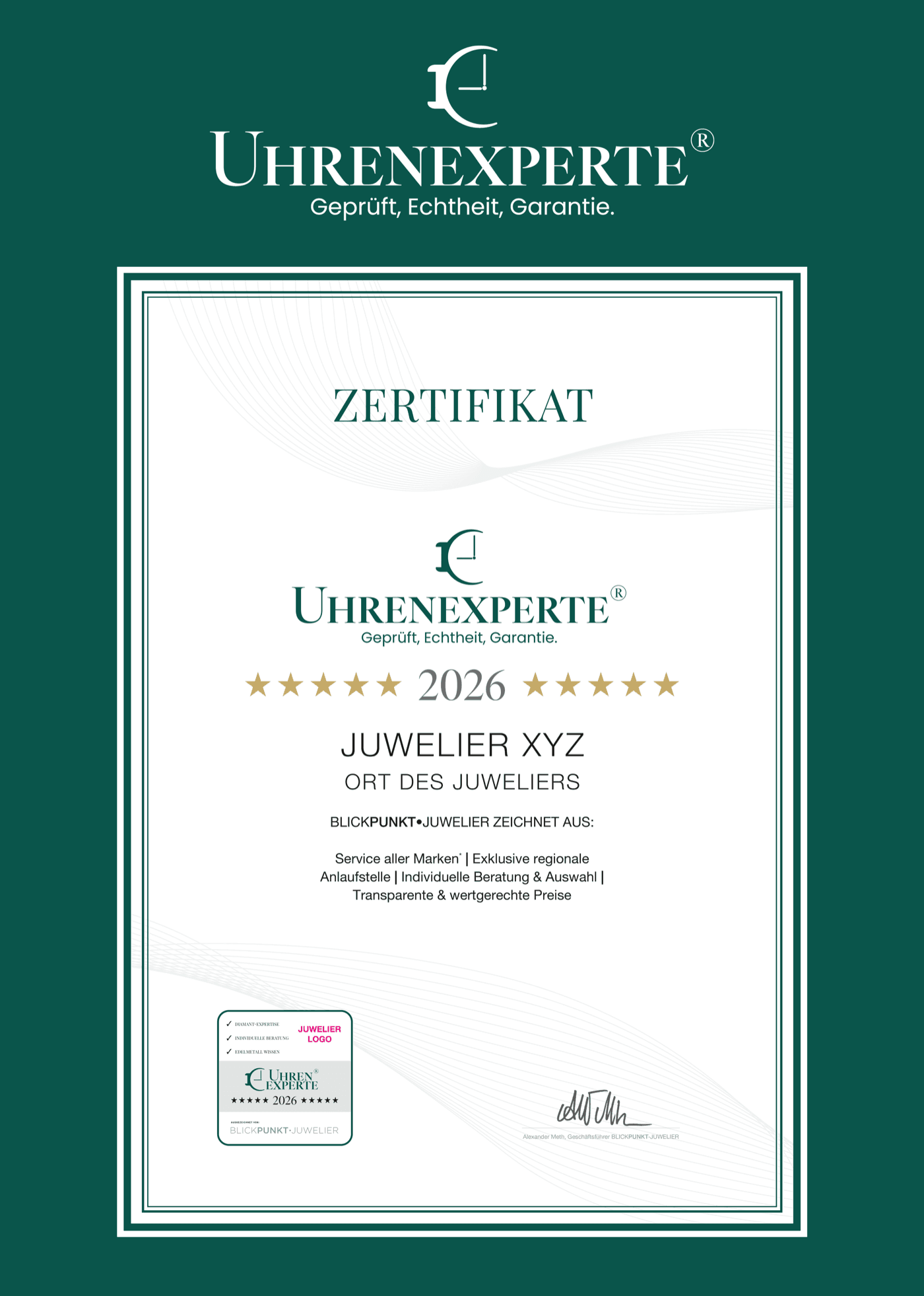 Uhrenexperte®-Zertifikat mit Fünf-Sterne-Auszeichnung für einen Juwelier